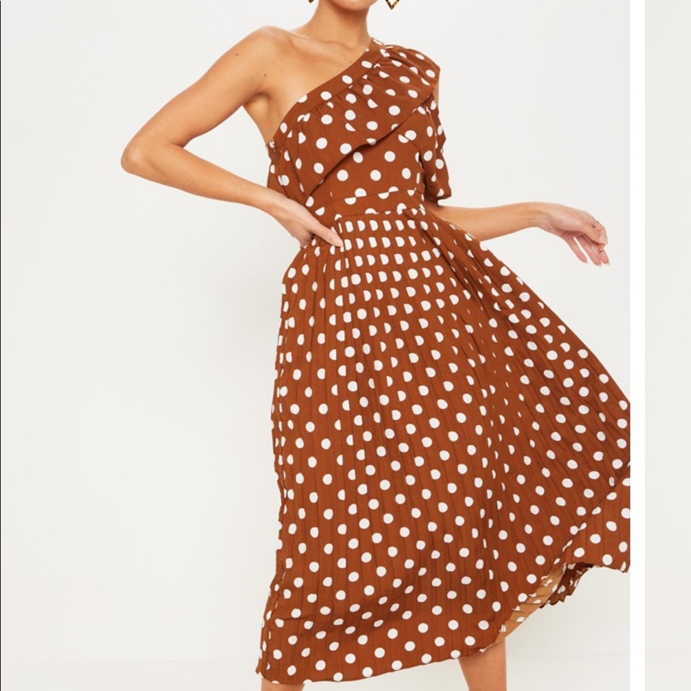 Chocolate polka one shoulder ruffle pleated midi